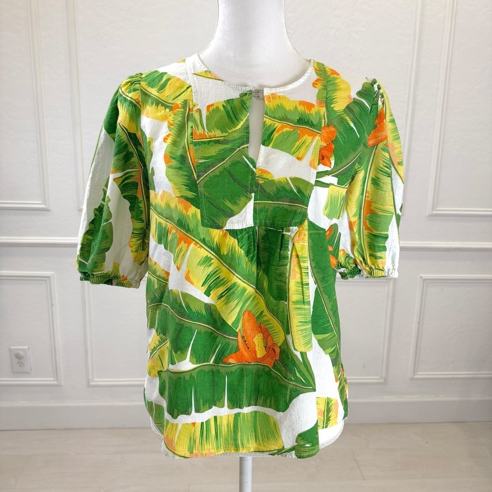 Cynthia Rowley Tropical Leaf Print Puff Sleeve V Neck Tunic Top Womens Large
